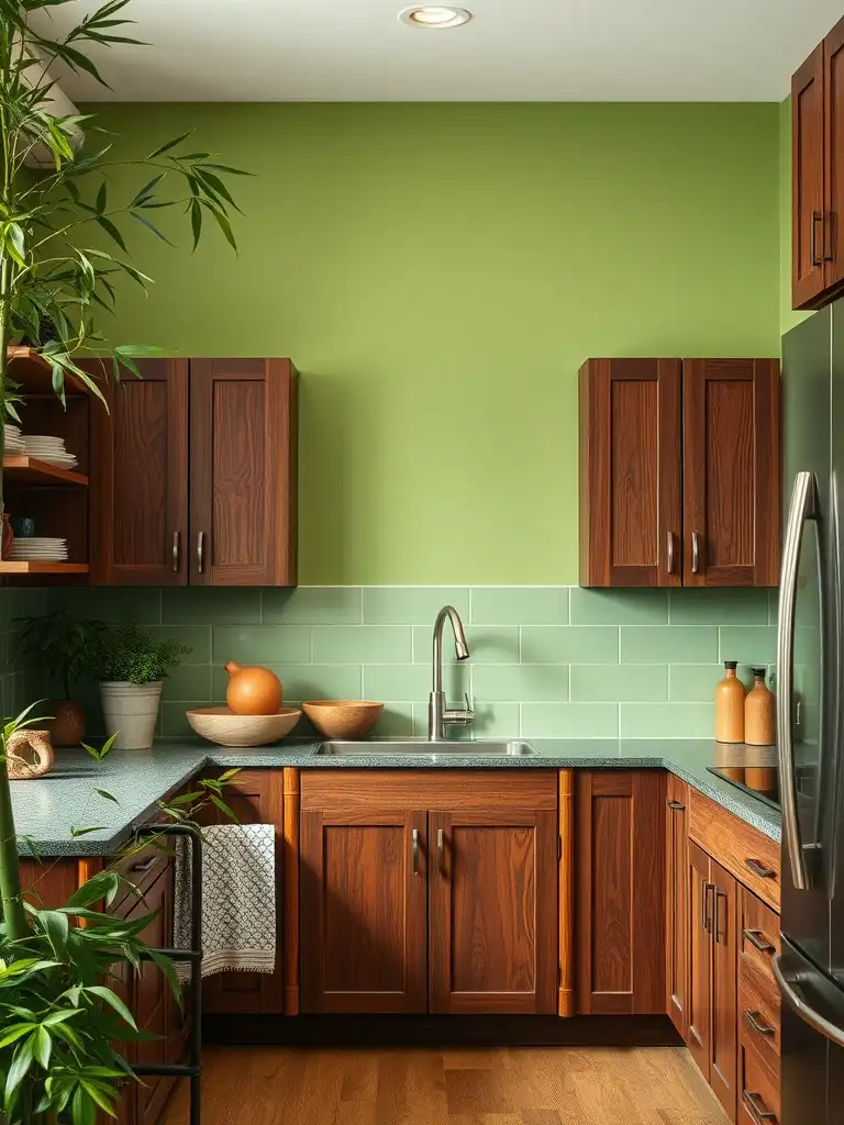 A kitchen featuring cherry cabinets and a Bamboo Green wall, with plants and natural decor.