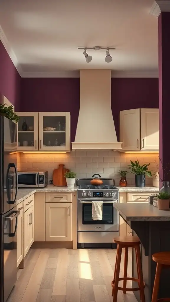 A kitchen featuring berry purple walls and soft beige cabinets.