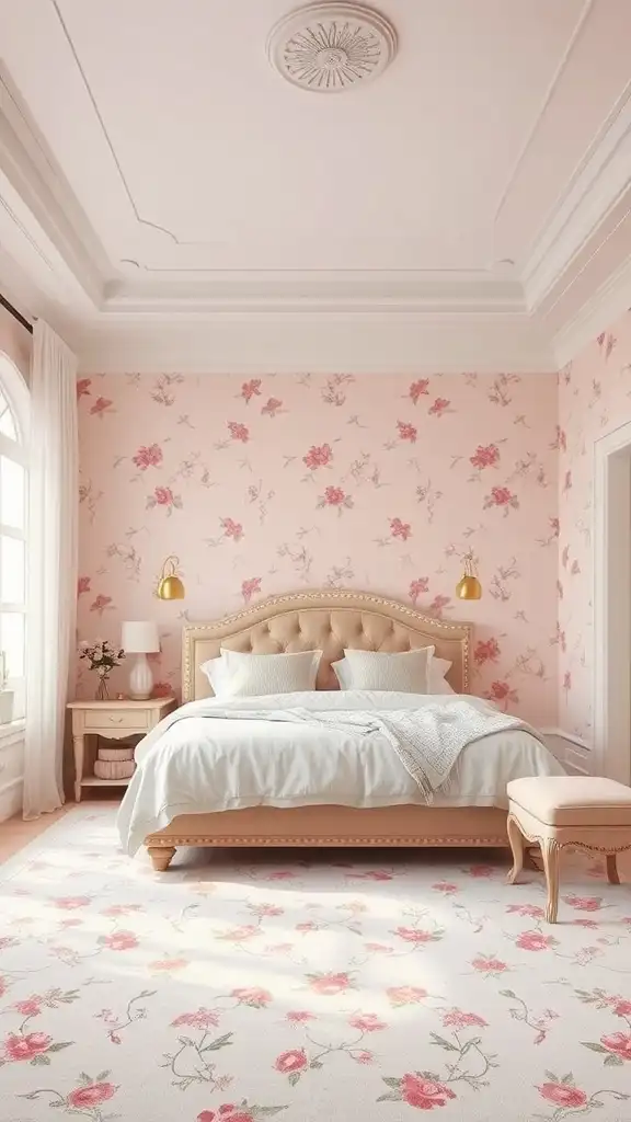 A cozy master bedroom with blush pink walls and floral decor, featuring a plush bed and soft lighting.