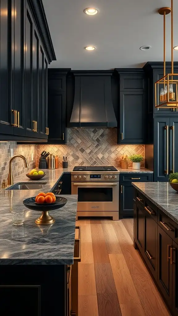 A modern kitchen featuring bold black cabinetry and gold accents, showcasing a stylish design.