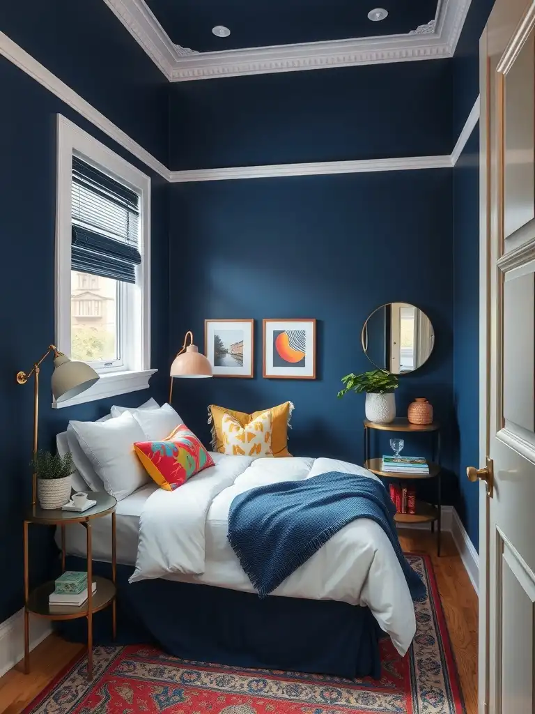 A small bedroom featuring bold navy blue walls, stylish bedding, and colorful decorative accents.