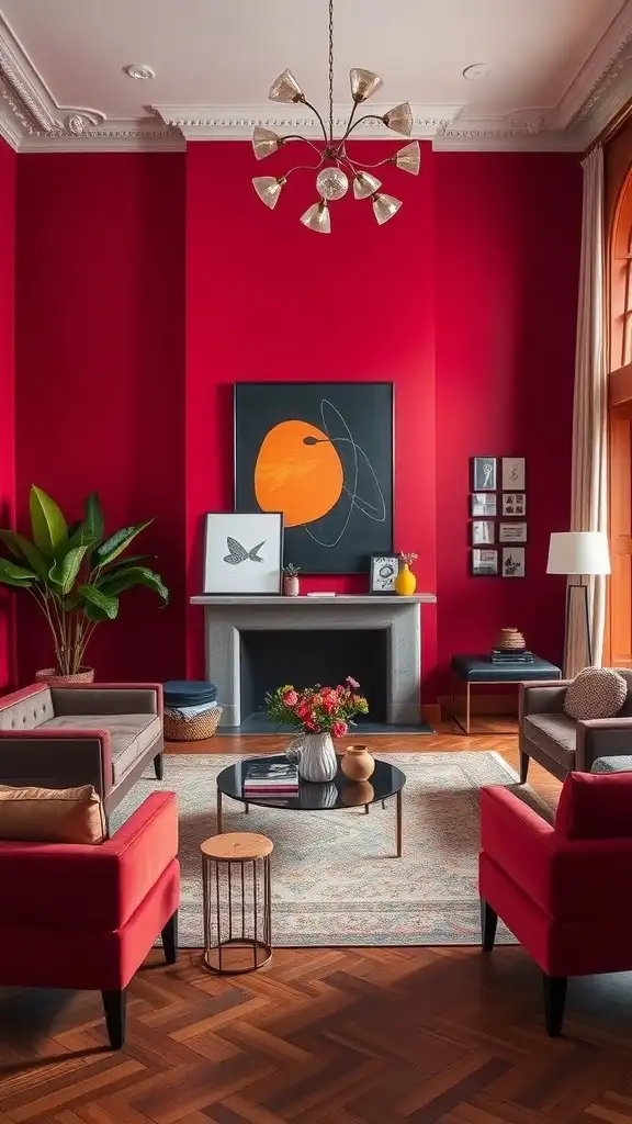 Living room featuring bold red walls, stylish furniture, and modern decor