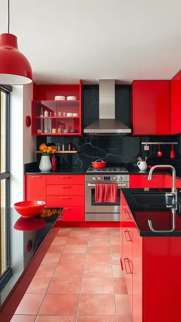 A modern kitchen featuring bright red cabinets and black granite countertops