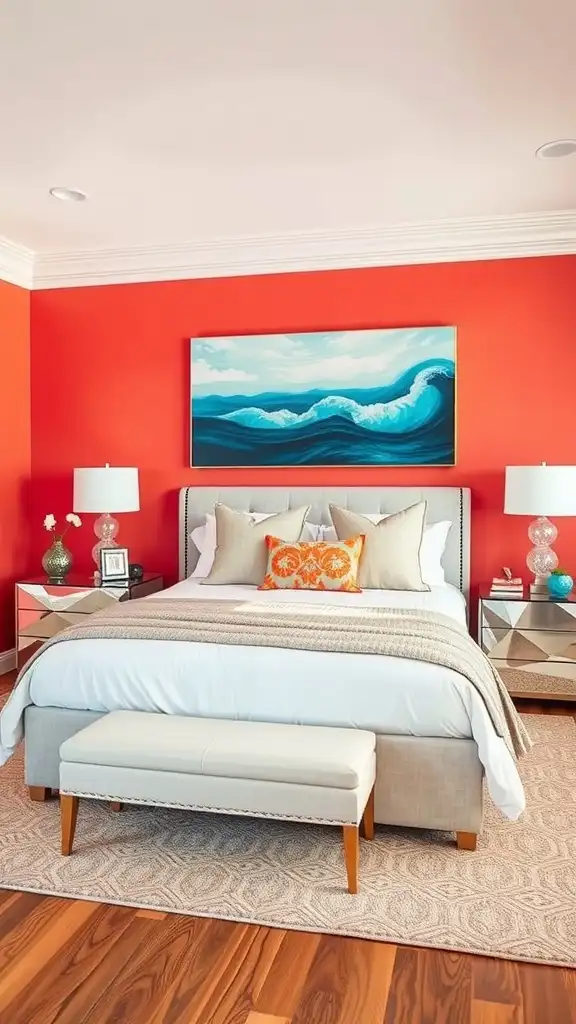 A master bedroom featuring bright coral accent walls, a stylish bed with neutral bedding, and colorful decor.