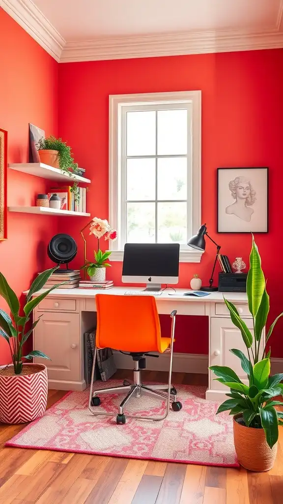 An energetic home office featuring bright coral walls, a modern desk, and vibrant decor.