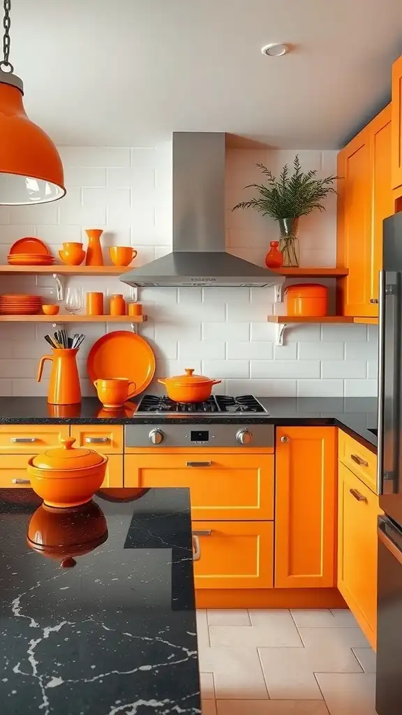 A vibrant kitchen featuring bright orange cabinets and decor contrasted with black granite countertops.