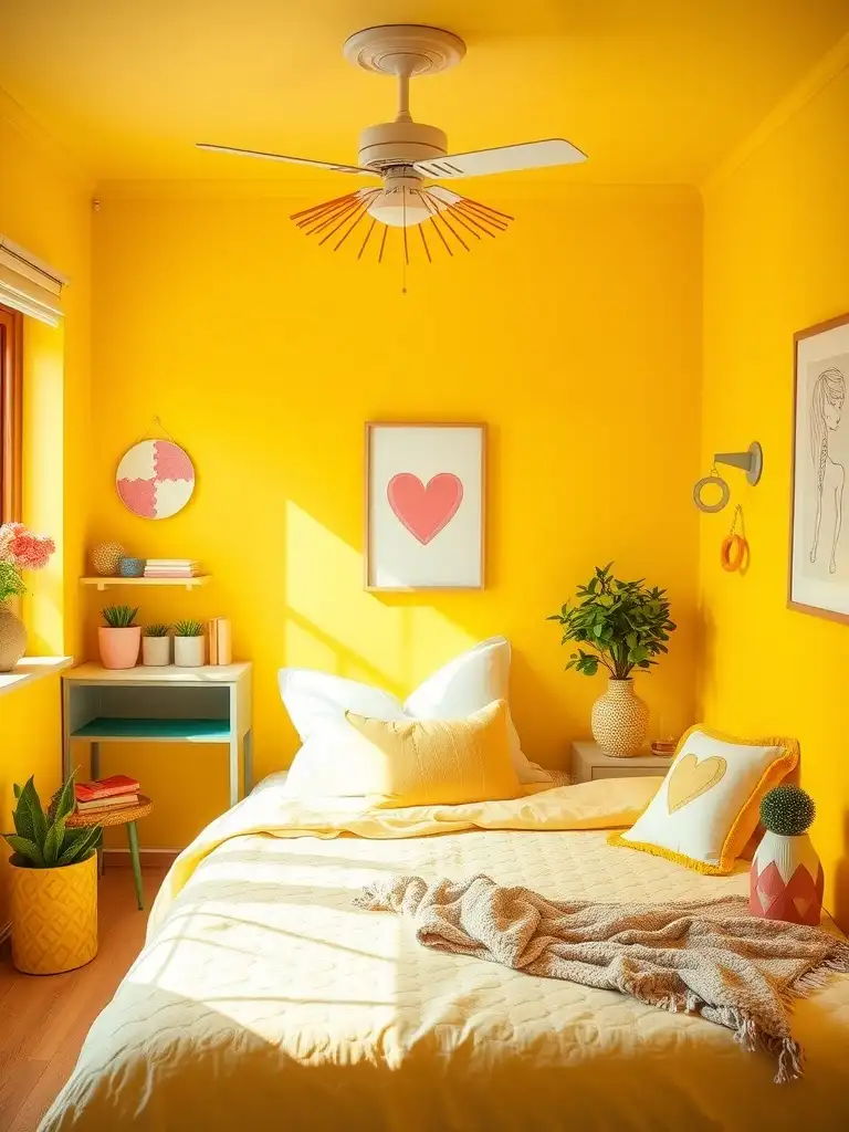 A small bedroom painted in bright sunny yellow with cozy decor.