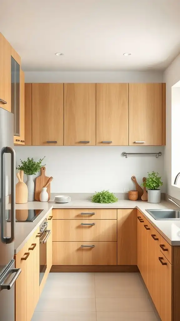 A stylish kitchen featuring honey oak cabinets and bright white accents.