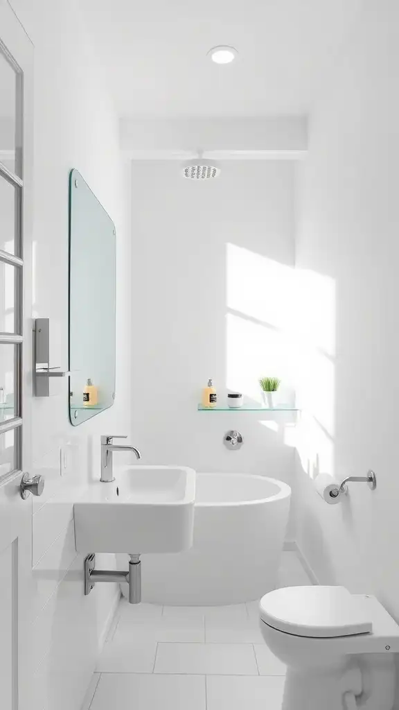 A modern small bathroom featuring bright white walls, a spacious bathtub, and natural light streaming in.