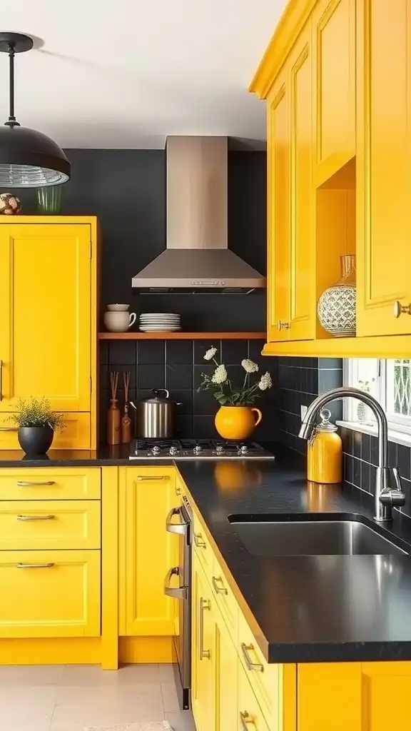 A kitchen featuring bright yellow cabinets and charcoal accents, showcasing a modern design.