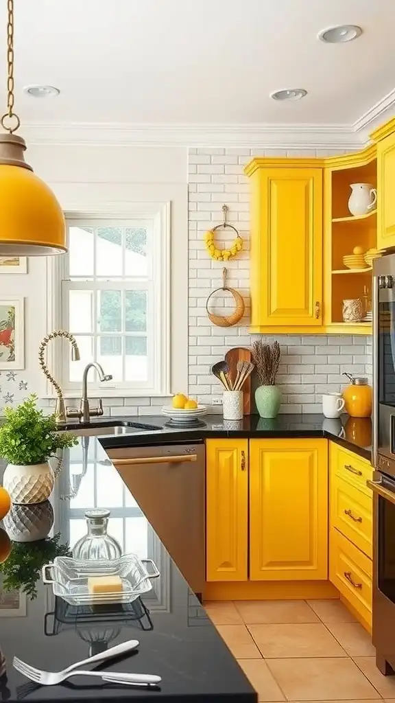 Bright yellow kitchen cabinets and decor complement black granite countertops.