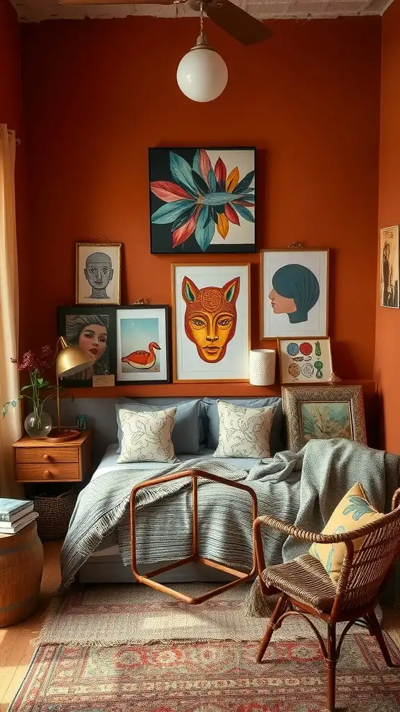 A cozy bedroom featuring burnt sienna walls and various artworks.