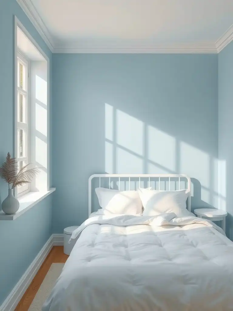 A small bedroom with soft blue walls, a white bed, and natural light streaming in through the window.