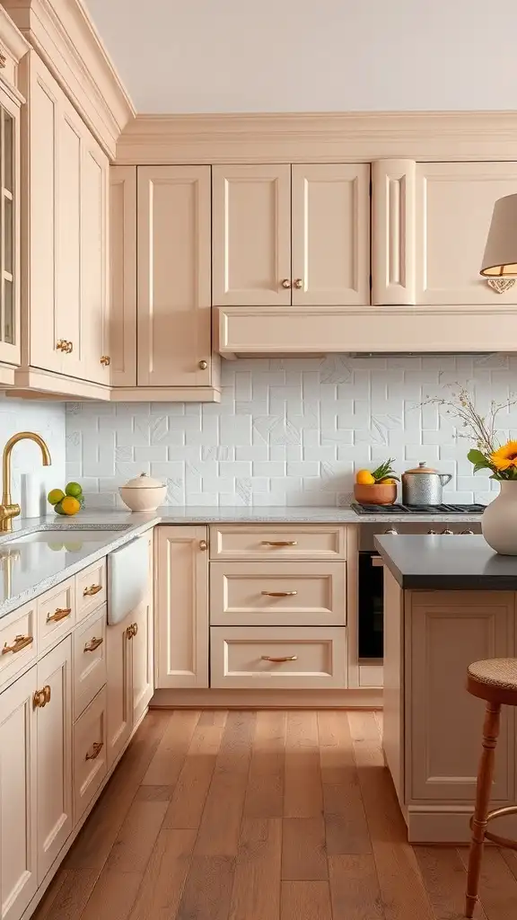 A kitchen featuring champagne colored cabinets and dusty rose accents, creating a warm and inviting atmosphere.