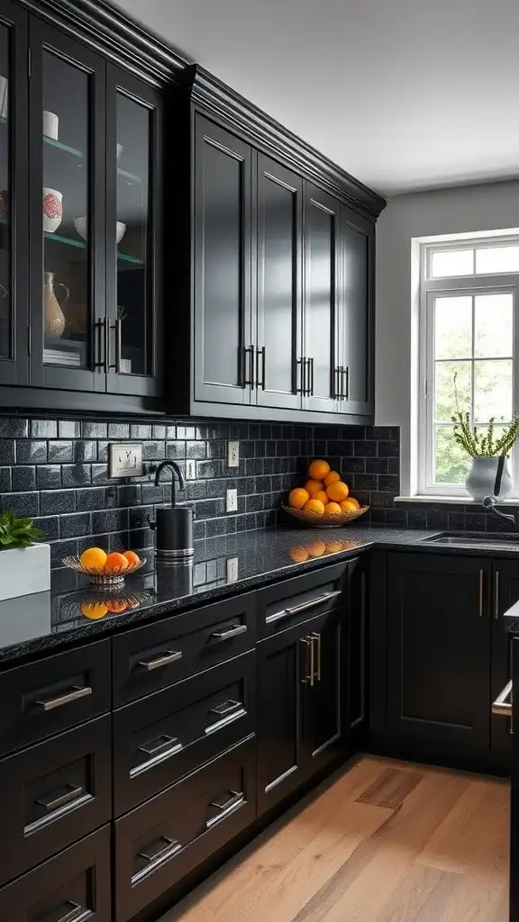 A modern kitchen featuring charcoal black cabinets and black granite countertops.