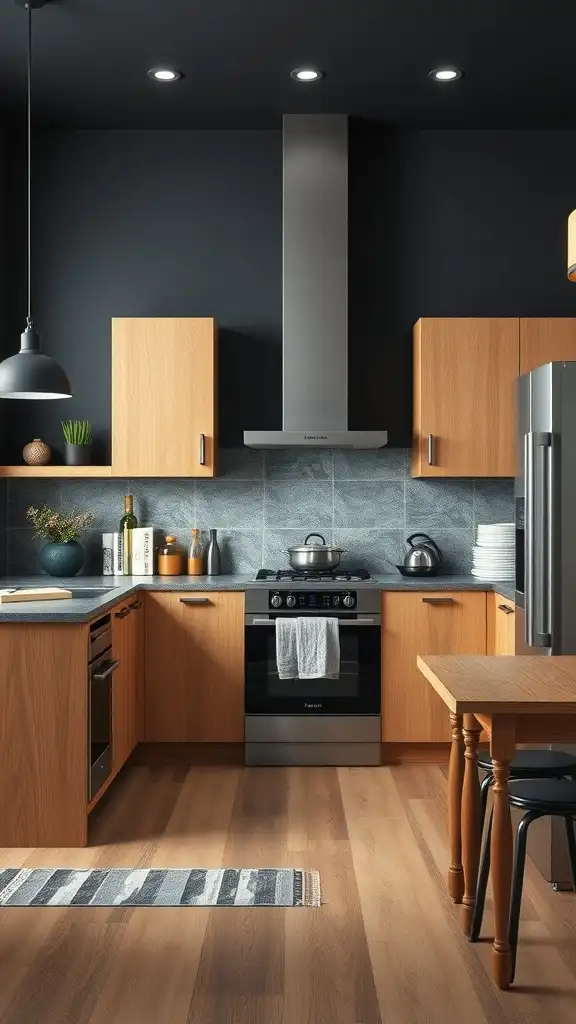 A modern kitchen featuring honey oak cabinets and charcoal gray walls.