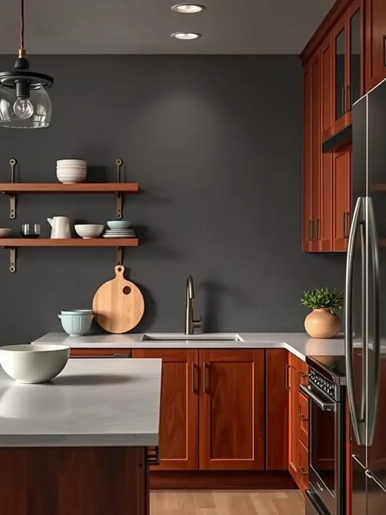 Modern kitchen with charcoal gray walls and cherry cabinets