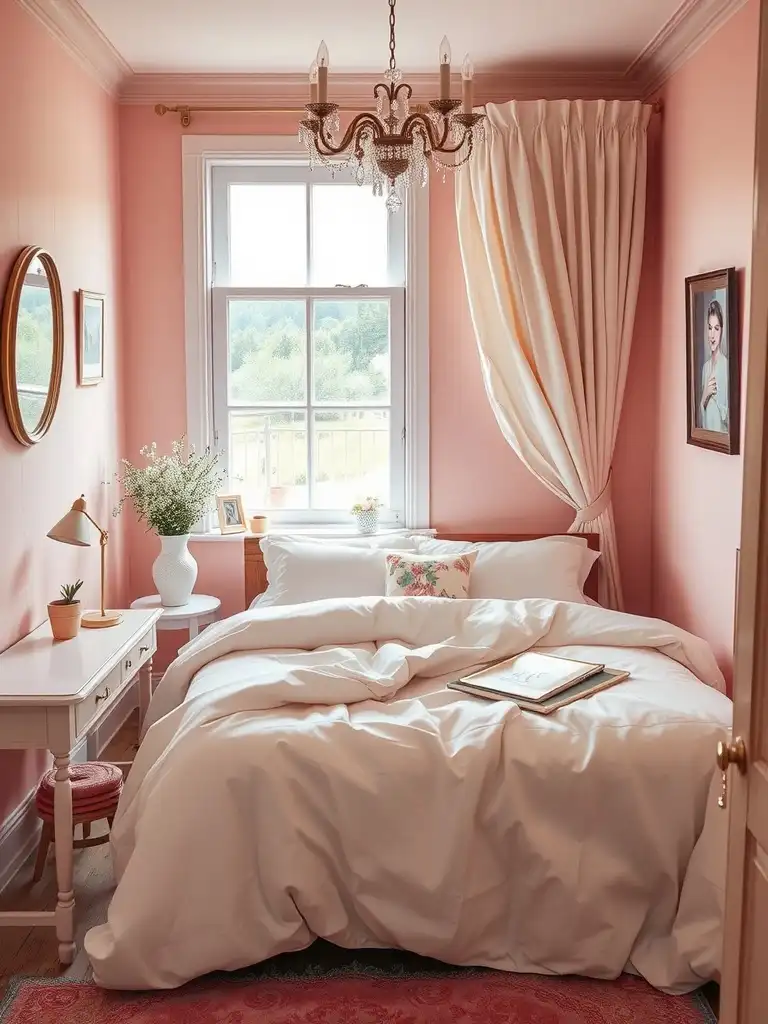 A cozy small bedroom painted in blush pink, featuring a bed with white bedding, a chandelier, and a window view.