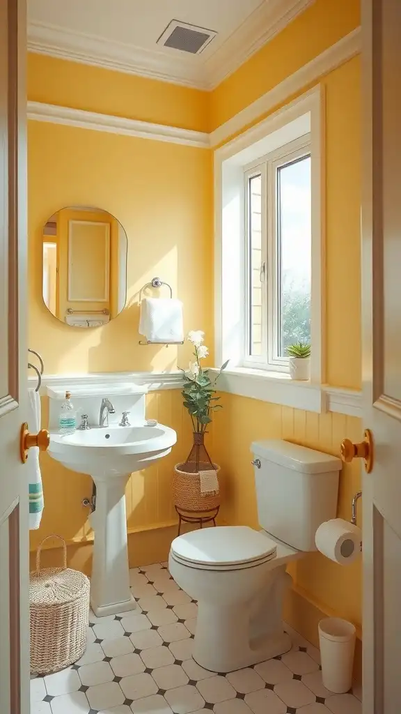 Small bathroom with soft yellow walls and natural light