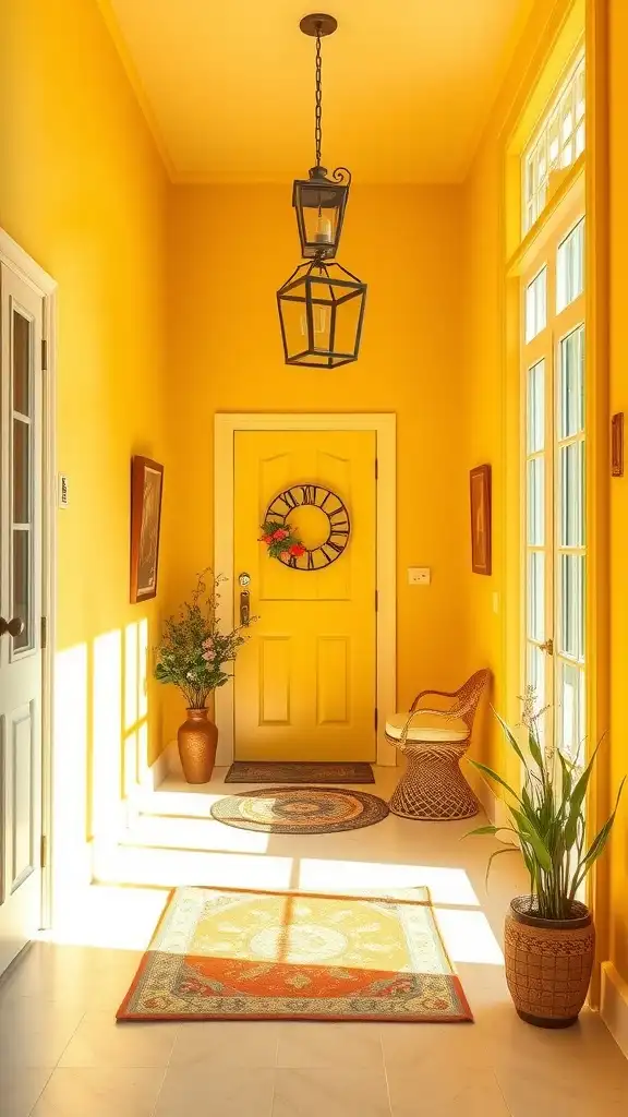 Bright yellow hallway with a door and warm decor.