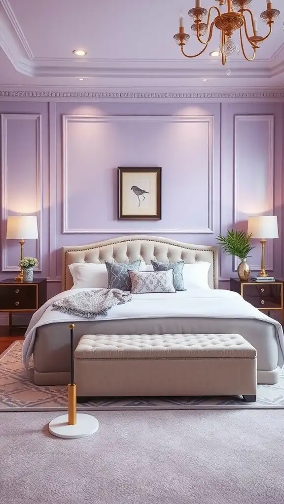 A master bedroom with chic lavender walls, featuring a plush bed, decorative pillows, and elegant lighting.