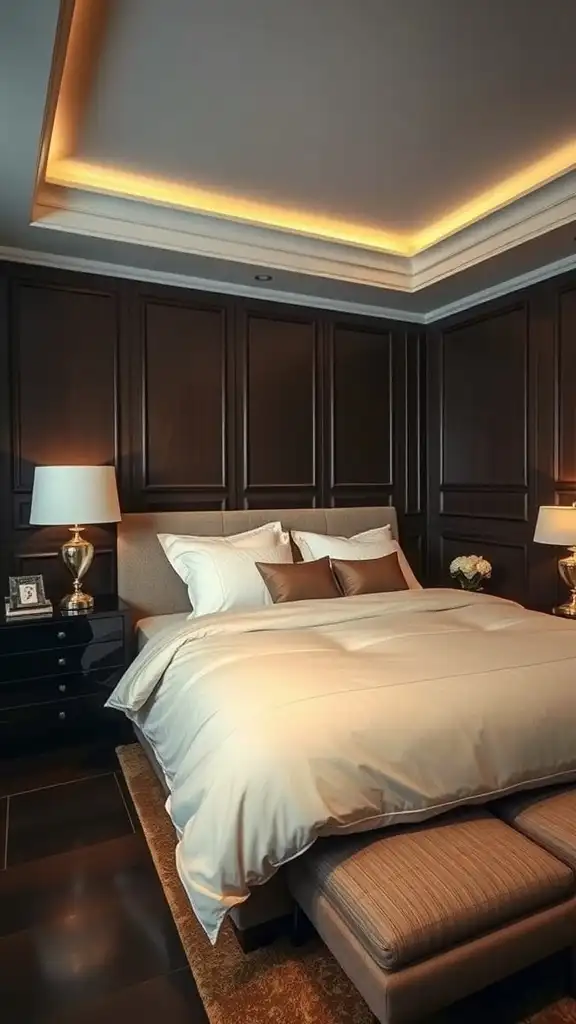 A luxurious bedroom featuring chocolate brown tones in the furniture and decor.