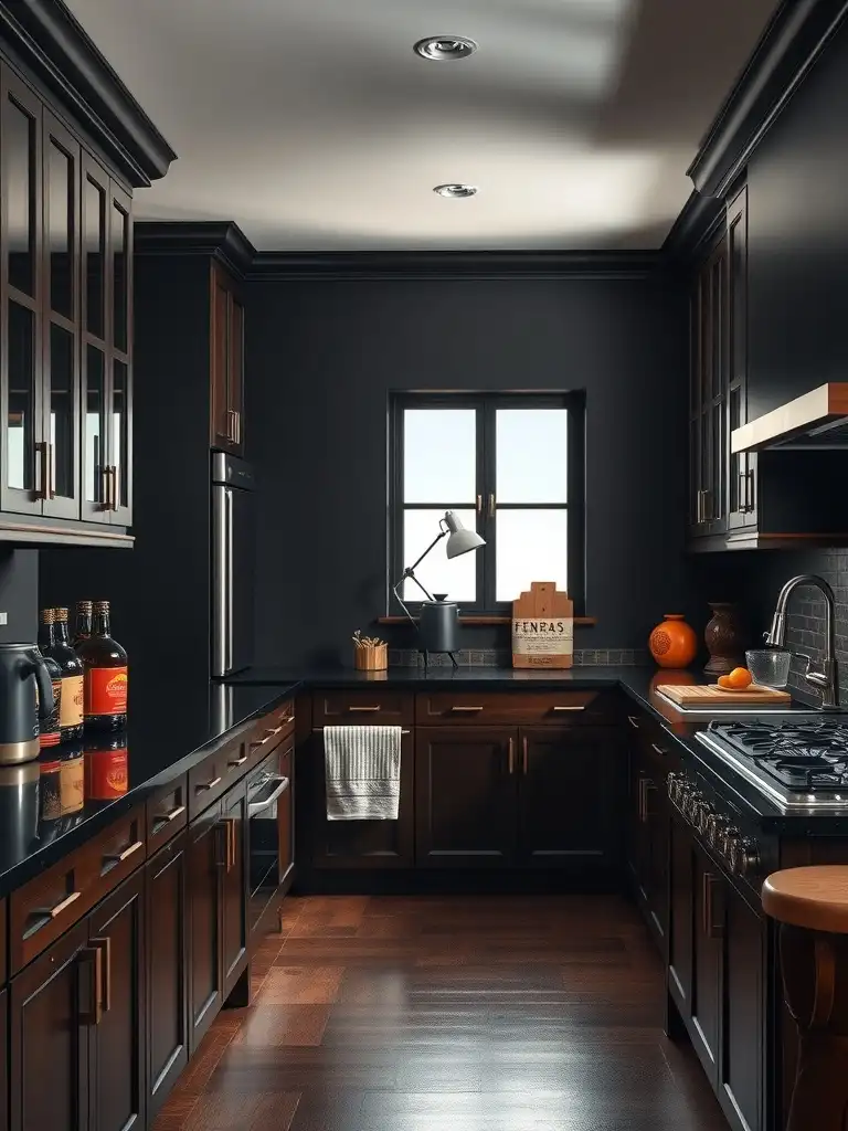 A modern kitchen featuring cherry cabinets and black accents