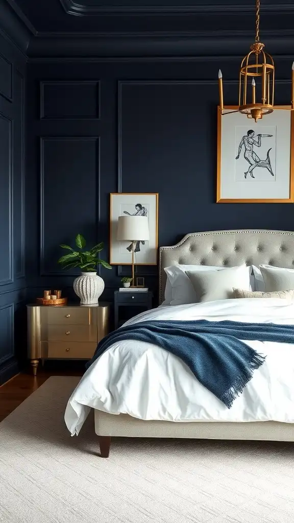 A beautifully designed master bedroom with classic navy blue walls, a comfortable bed, and stylish decor.