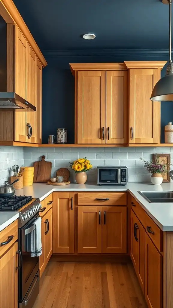 A kitchen featuring honey oak cabinets with navy blue walls, showcasing a stylish and cozy interior.