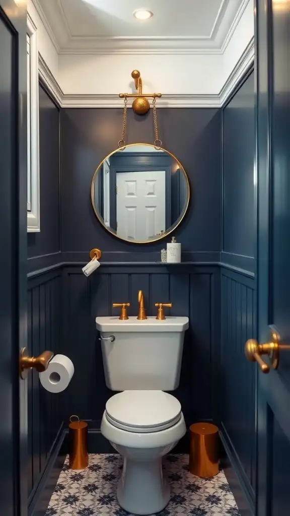 A small bathroom featuring navy blue walls, gold fixtures, and decorative elements.