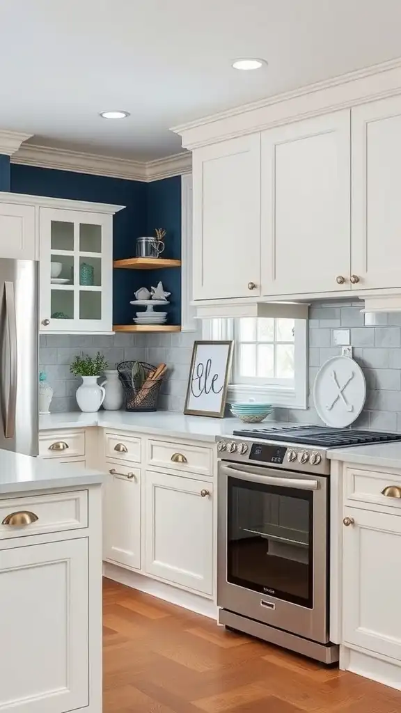 A kitchen featuring classic white cabinets and navy blue walls, highlighting a stylish design.