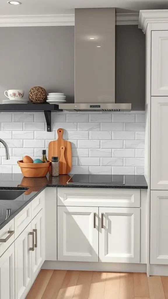 A kitchen featuring black granite countertops and white cabinetry.