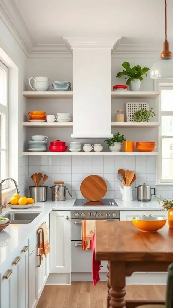 A bright and airy kitchen with white cabinets and colorful dishware on shelves.