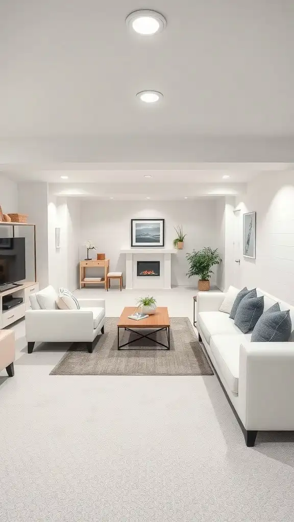 A bright and inviting basement with white walls and modern furniture.