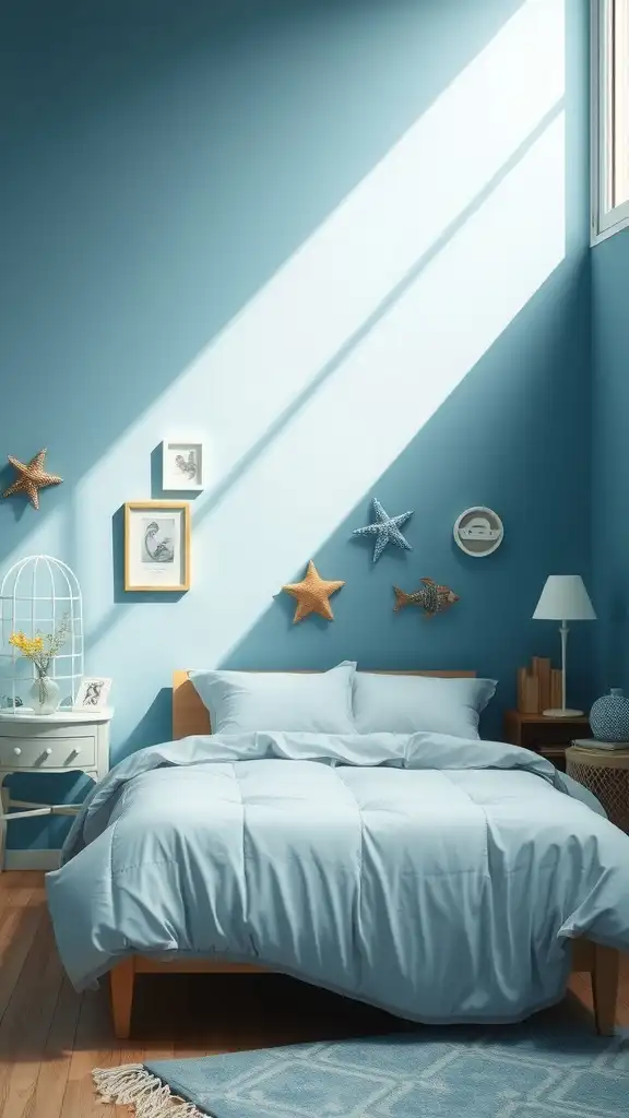 A cozy bedroom with cool blue walls, a comfortable bed, and decorative elements.