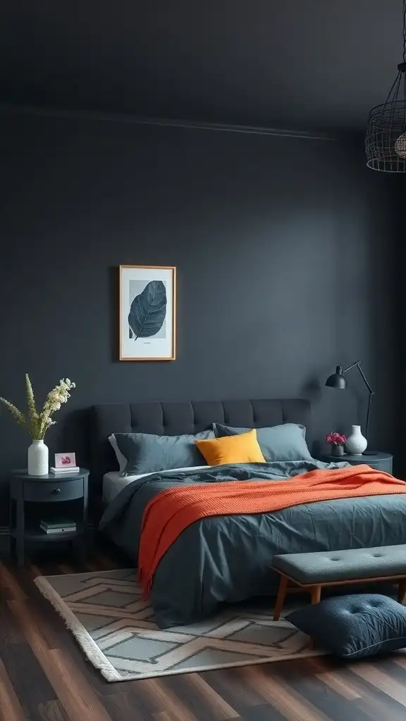 A cozy bedroom featuring cool charcoal walls, contrasting orange and yellow accents, and modern decor.