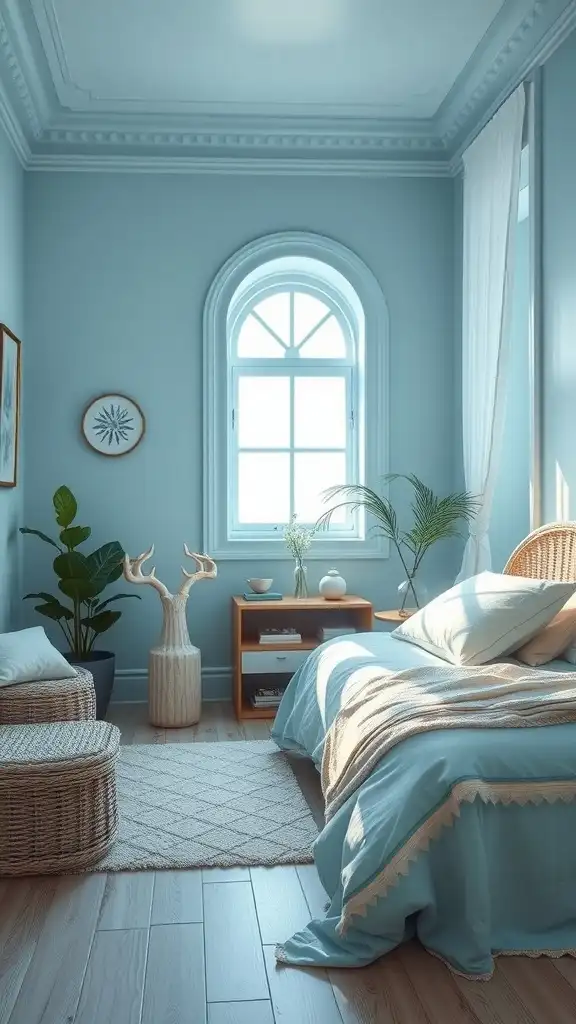 A calming bedroom painted in cool ice blue, featuring soft furnishings and natural decor.