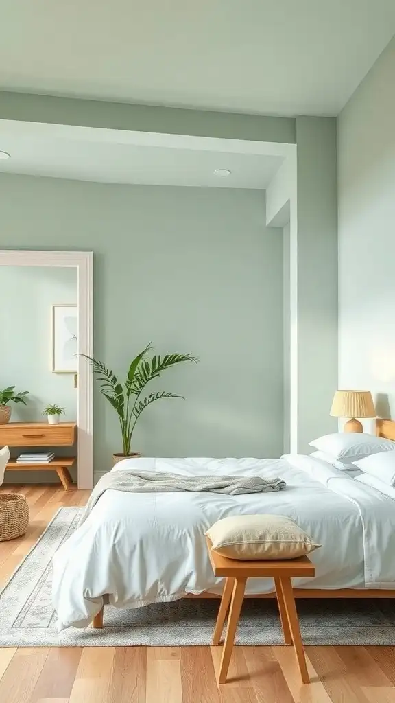 A master bedroom featuring cool mint green walls, a cozy bed, and natural wood furniture.