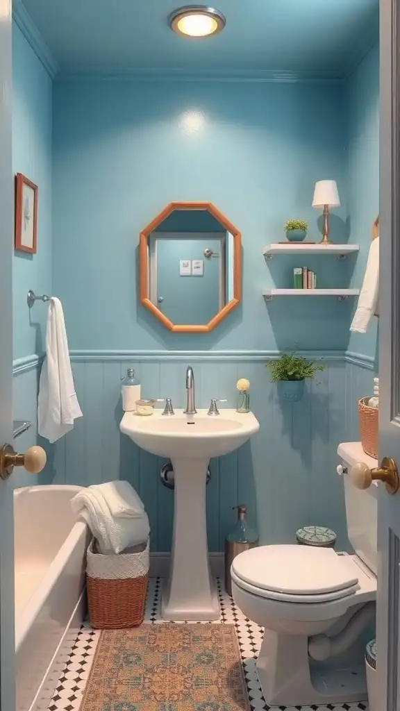 Small bathroom painted in cool sky blue, featuring modern fixtures and bright decor.