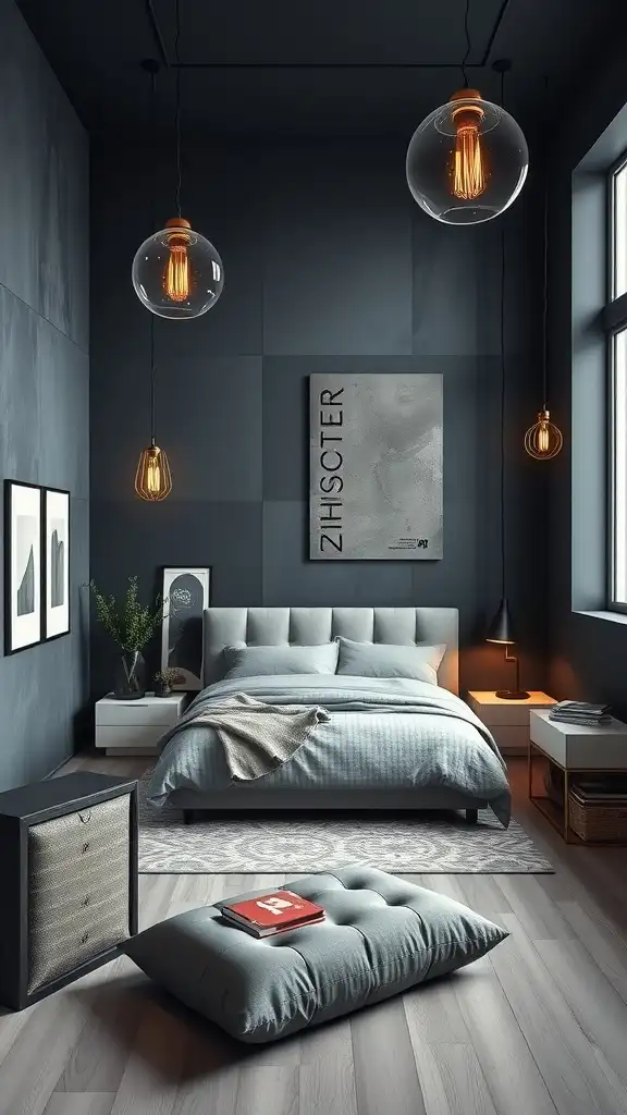 A modern bedroom painted in cool slate with stylish decor and warm lighting.