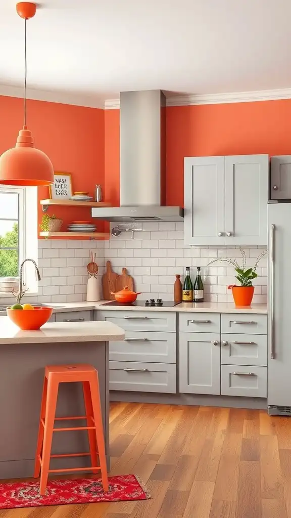 Modern kitchen featuring coral and light gray color combination