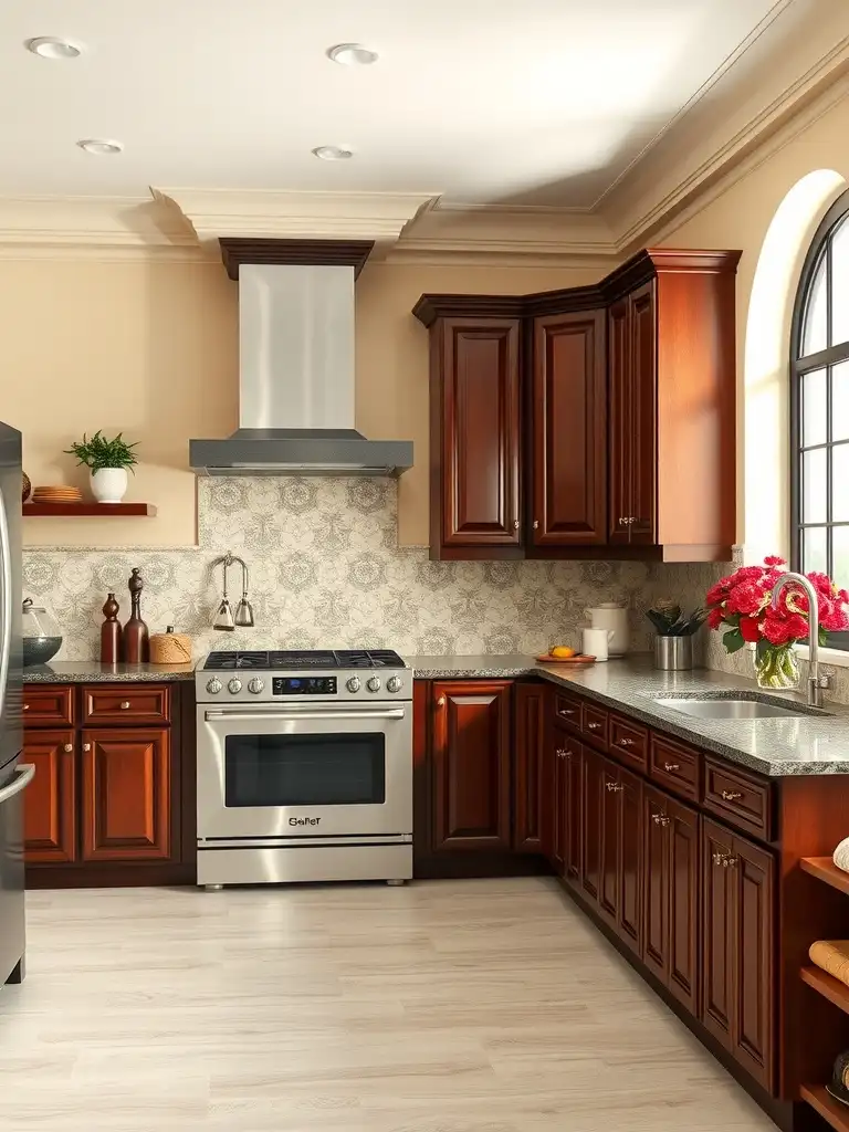 A kitchen with cherry cabinets complemented by creamy beige walls.