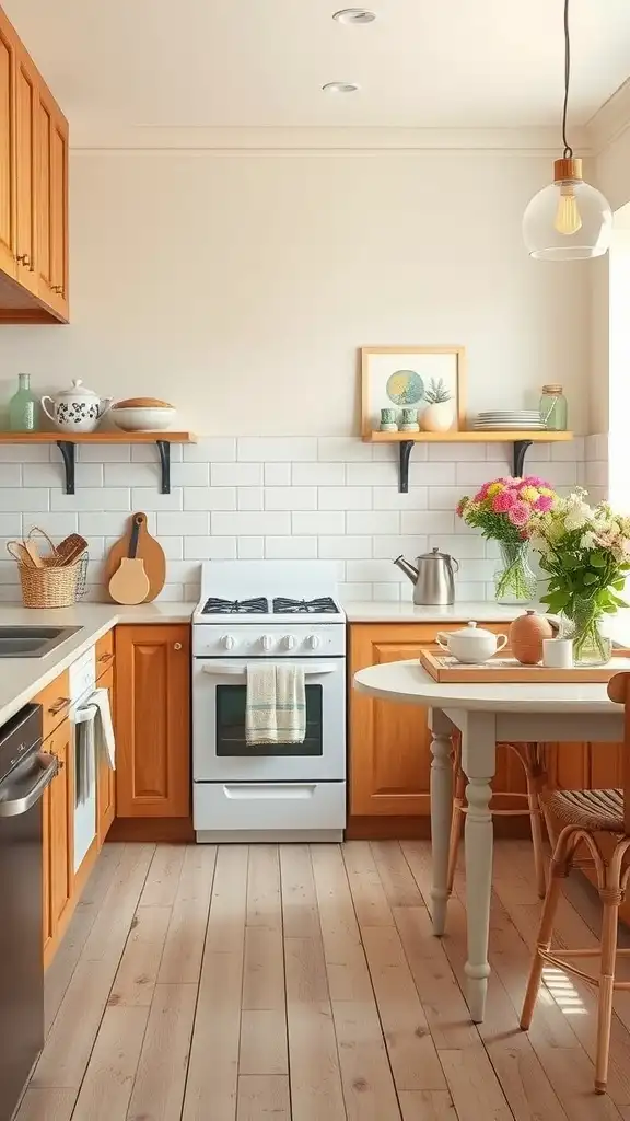 A cozy kitchen with honey oak cabinets and creamy off-white walls.