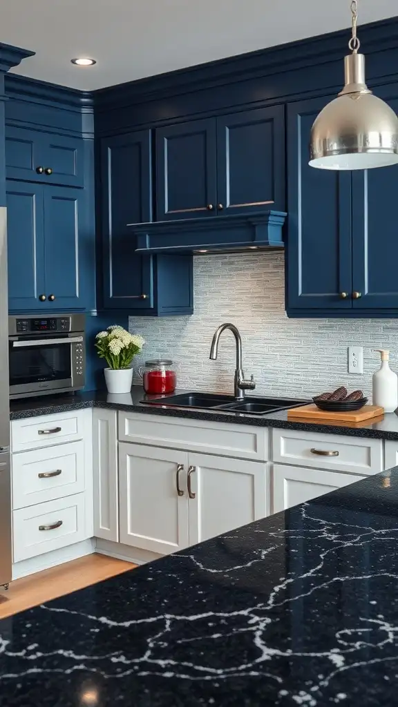 A modern kitchen featuring black granite countertops and deep blue cabinets.