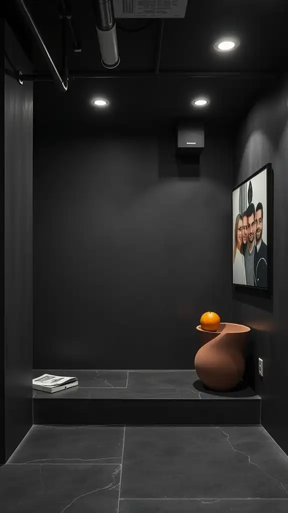 A modern basement area featuring deep charcoal walls with a contemporary design.