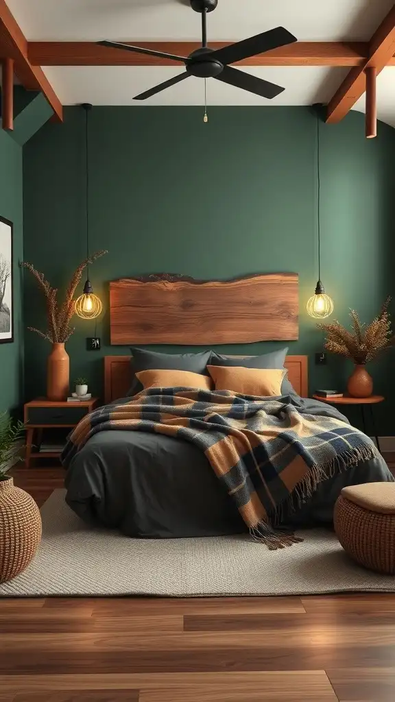 Master bedroom featuring deep forest green walls, wooden accents, and cozy decor