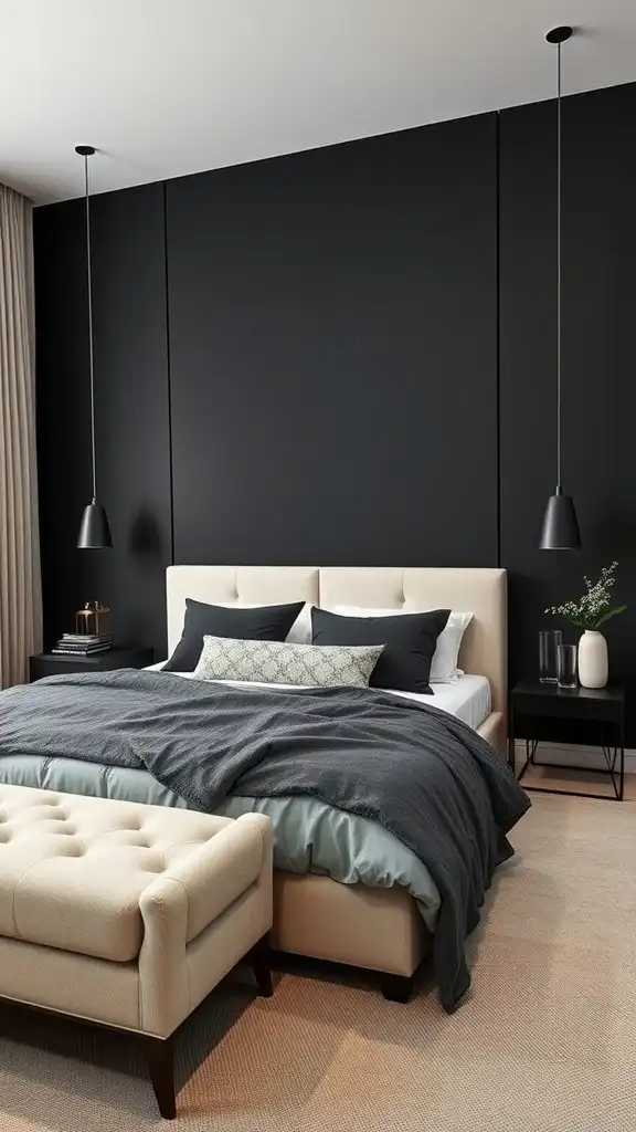 Master bedroom featuring a dramatic black accent wall.