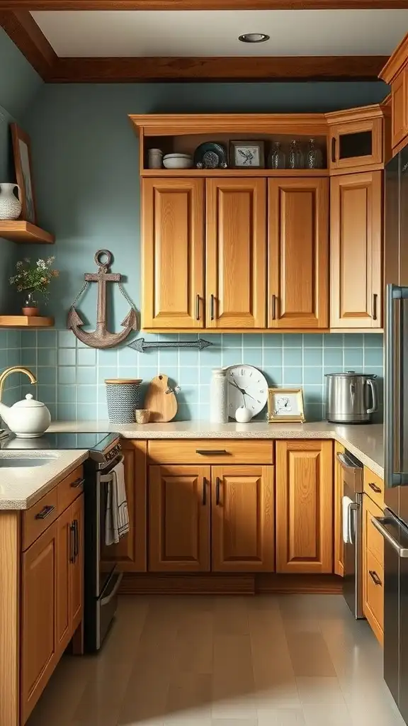 A kitchen featuring honey oak cabinets and dusty blue walls, showcasing a welcoming atmosphere.