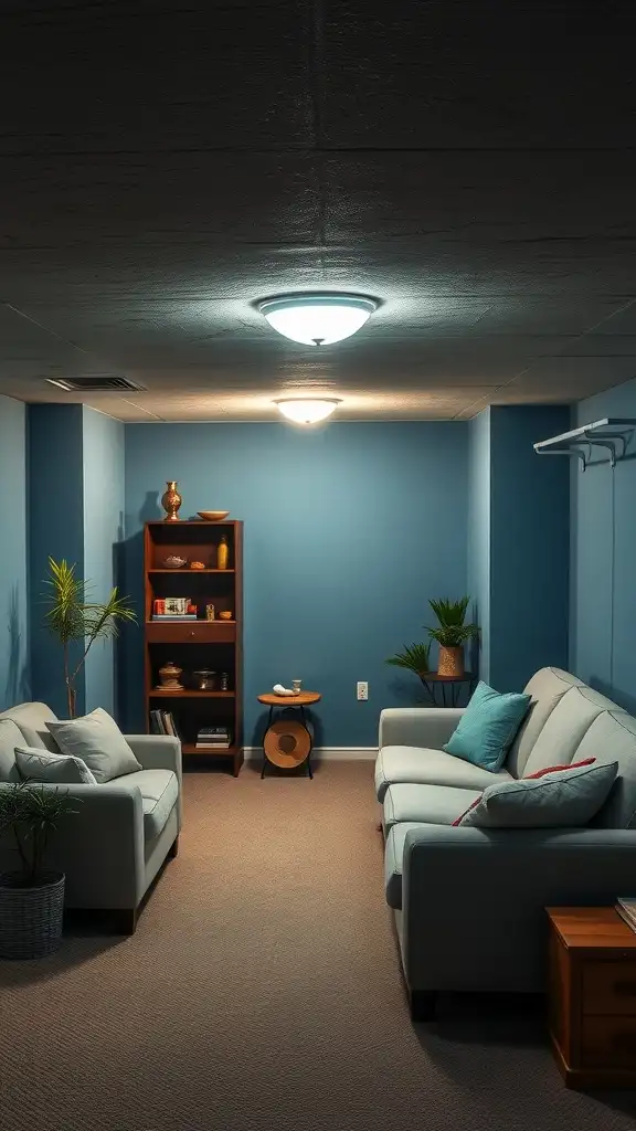 A cozy basement with dusty blue walls, featuring light-colored sofas and a bookshelf.