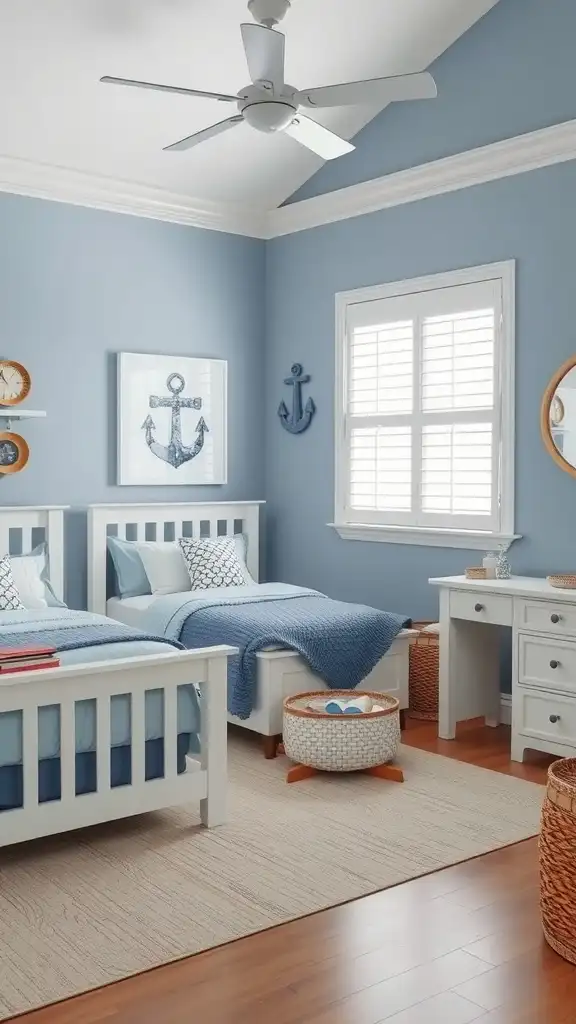 A serene bedroom featuring dusty blue walls, white furniture, and cozy textiles.